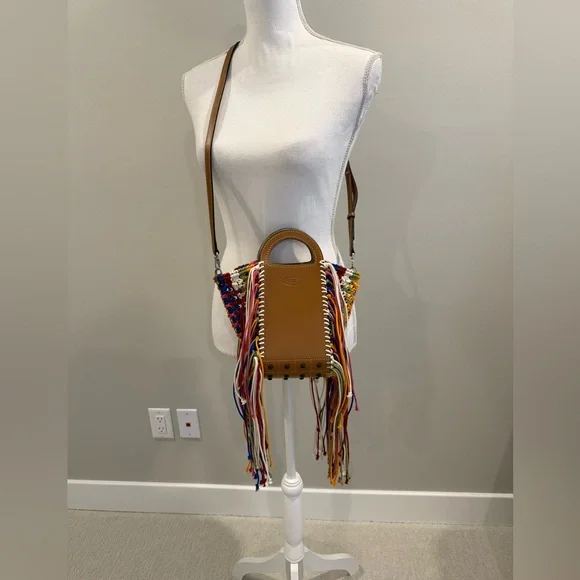 Tod’s Gommini shopping bag mini in leather and macrame multi color boho fringe